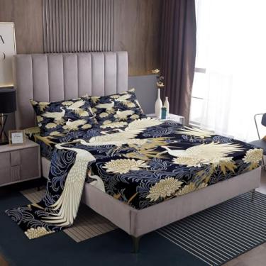 Imagem de Homewish Jogo de lençol solteiro de guindaste japonês, folhas de flores vintage, planta de animais selvagens, decoração de quarto de crianças, adolescentes, mulheres, homens, lençol de cima, 1 fronha