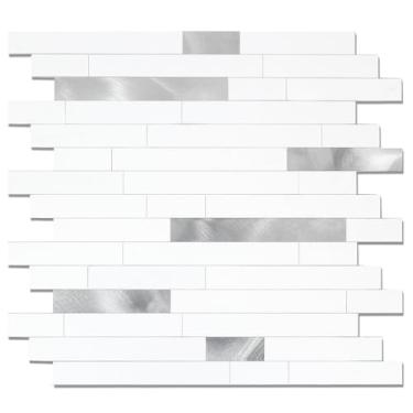 Imagem de Yipscazo 5 folhas de revestimento de azulejo de metal de pedra, cole em azulejos para cozinha, banheiro, lavanderia, acampamento, lareira (30 cm x 30 cm, metal branco brilhante âmbar)