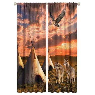 Imagem de Cortinas blackout tribais americanas ocidentais para sala de estar, rústicas ocidentais pastagens tribais pôr do sol tenda águia lobo cortinas de janela - isolamento térmico e redução de ruído, 2