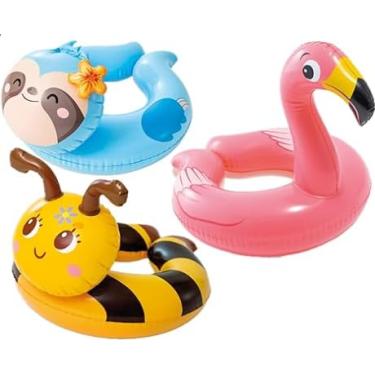 Imagem de Intex, 43234-2327 Pacote com 3 59220EP - Conjunto de boias de piscina com anel dividido de cabeça de animal inclui sapo, pato, pinguim, girafa, sapo, pinguim (o estilo pode variar)