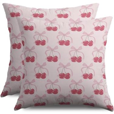 Imagem de Conjunto de 2 capas de travesseiro de cerejeira com laço rosa 45,7 x 45,7 cm, decoração de quarto de meninas, decoração de casa de fazenda, decoração de sofá e cama