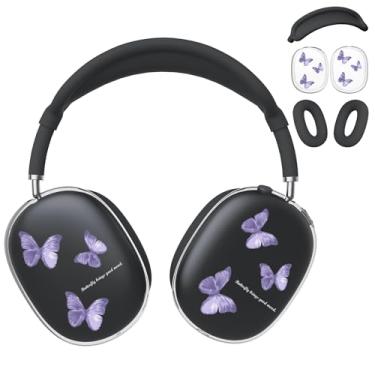 Imagem de BlHMCASE Capa de fone de ouvido para AirPods Max, capa fofa de borboleta roxa, capa de silicone preta para fones de ouvido para Apple AirPods Max