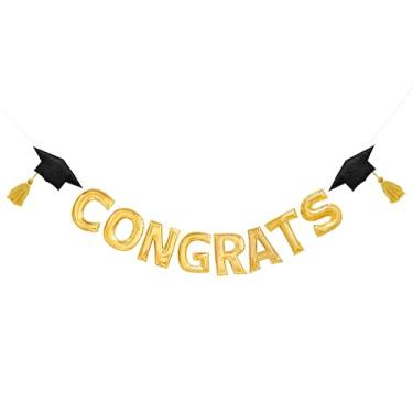 Imagem de Decorações de formatura preto e dourado pré-amarrado sinal de parabéns boné de parabéns banner para formatura preto dourado celebre a classe de 2025 decorações sala de aula casa parede lareira manto