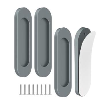 Imagem de MeBantoo Pacote com 4 maçanetas autoadesivas, puxadores de dedo plano autoadesivos de liga de alumínio de 10 cm, puxadores de armário sem broca para gaveta, vidro deslizante/celeiro/portas de varanda