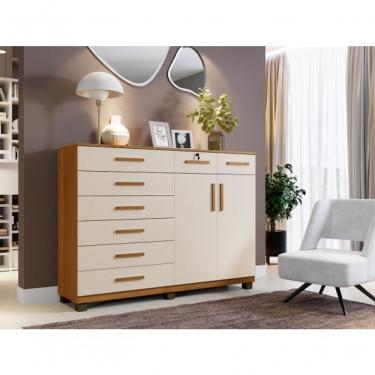 Imagem de Cômoda New Triunfo 8 Gavetas MDP com Puxador em MDF Off White e Cinamomo