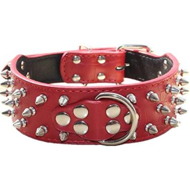 Imagem de Coleira para cachorro de couro com ponta haoyueer com rebites de bala, 5 cm de largura, coleiras estilosas de couro para cães de porte médio e grande (vermelha, G)