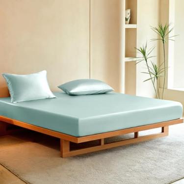 Imagem de THXSILK Jogo de lençol casal de seda, 3 peças, macio, respirável, com 1 lençol com elástico, 2 fronhas com fecho de zíper, refrescante para dormir quente, azul claro