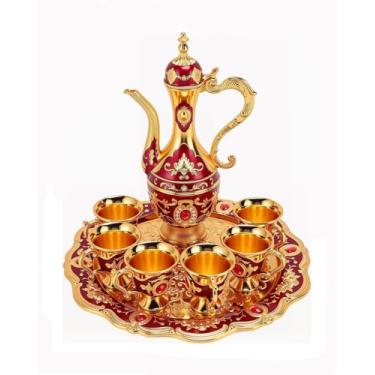 Imagem de Conjunto de cafeteiras turcas vintage com bandeja e 6 xícaras de café retrô, conjunto de bule de vinho, decorativo, vintage, para decoração de festa em casa (vermelho)