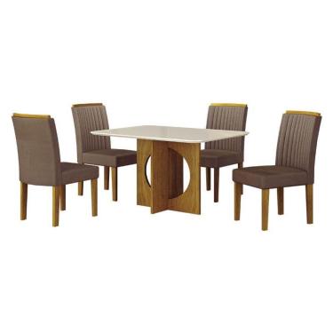 Imagem de Mesa De Jantar Lorena Plus 120x80 Freijó Off White Com 4 Cadeiras Jade Joli Camurça – Leifer Móveis