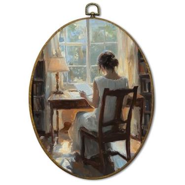 Imagem de iEFE Reading Wall Decor, Vintage European Woman Reading Book Hanging Framed Canvas Wall Art, French Country Bookish Decorações para Biblioteca Reading Nook Corner Home Room 21,7 cm x 29 cm