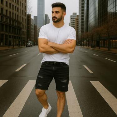 Imagem de Bermuda Jeans SKINNY RASGADA Masculina Casual Slim 472 - Iron, Preto, 