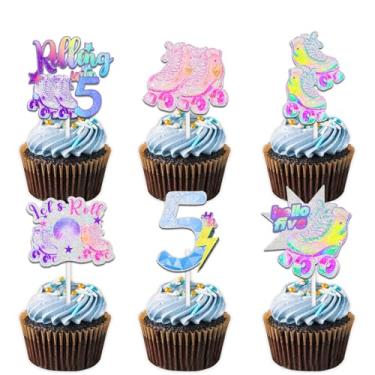 Imagem de 18 peças de patins coloridos com glitter para cupcake para patinação hip hop retrô dos anos 80 anos 90 rolo em 5 suprimentos de decoração temática meninos meninas feliz 5º aniversário decorações de