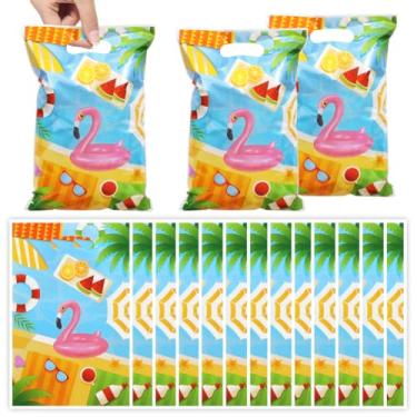 Imagem de Boerni 50 peças, bolsa de lembrancinha de festa na piscina, flamingo à beira da piscina, sacolas de presentes de plástico com alça, decorações de festa na praia, sacos de guloseimas para doces para o