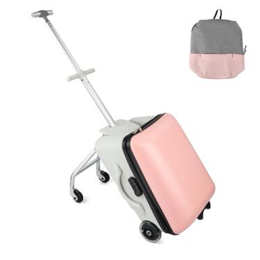 Imagem de Mala infantil de 50 cm com assento para meninos e meninas a partir de 3 anos, mala de bagagem infantil com rodas extensíveis, capa rígida leve, mala e mochila infantil para diversão e viagem fácil