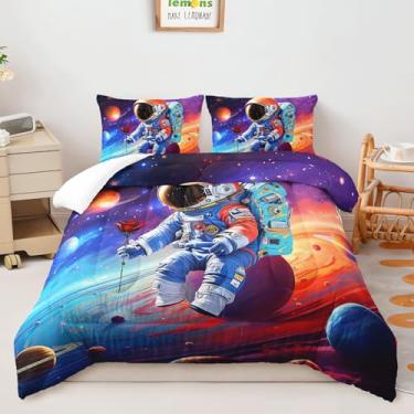 Imagem de AILONEN Conjunto de edredom Queen tamanho astronauta, galáxia, espaço sideral, para crianças, 3 peças, planetas sonhadores, estampa rosa, astronauta, edredom com 2 fronhas