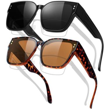 Imagem de KANASTAL Pacote 2 Óculos de Sol Feminino Masculino Polarizado Preto Marrom Leopardo Sobrepor Oculos Quadrado Grande Proteção UV400 - Marrom Tartaruga + Pretos