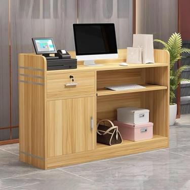 Imagem de Mesa De Recepção Moderna De Madeira Com Balcão E Armazenamento Balcão De Checkout Ideal E Balcão De Boas-vindas Para Lobbies Salões De Beleza Lojas De Var, Light Brown, 100cm/39.4in