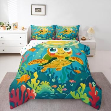 Imagem de Erosebridal Conjunto de edredom infantil de tartaruga marinha, tamanho solteiro, vida oceânica, colcha de animais marinhos do mundo subaquático, enchimento de edredom coral colorido