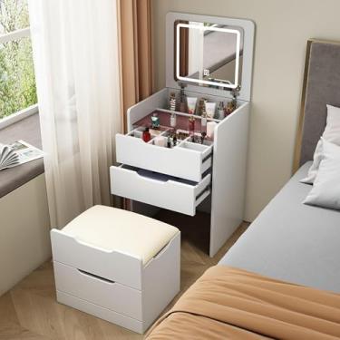 Imagem de Mesa De Vaidade Com Espelho Iluminado Flip Top 4 Gavetas Cômoda Com Luzes Conjunto De Mesa De Vaidade Pequena 3 Gavetas Mesa De Maquiagem Integrada Mesa De Maquiagem Multifu, White, 60 * 40 * 80cm