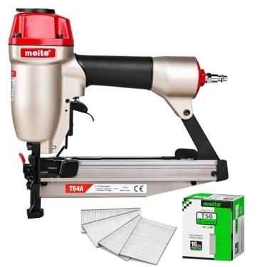 Imagem de meite T64A Pregador de acabamento calibre 16 com 2500 peças de pregos (5 cm), pistola de pregos com acabamento pneumático, serve em pregos de acabamento de calibre 16 de 3,5 cm até 6,5 cm, pistola de