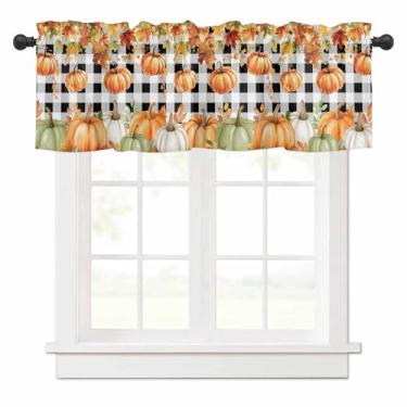 Imagem de Cortina de saia de abóbora verde laranja para janelas de cozinha, cortina de camada de folha de bordo de ação de graças, branca, preta, xadrez, tratamento de janela de outono, sanefas para quarto/sala
