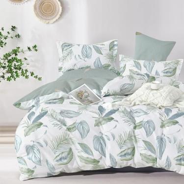 Imagem de LEMIROE Edredom botânico de algodão solteiro - verde sálvia estampado com folhas e samambaias em branco, conjunto de cama leve reversível, 2 peças (folhas, 168 cm × 2 cm)