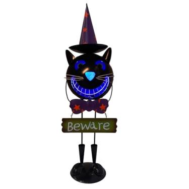 Imagem de HONGLAND Decoração solar de Halloween ao ar livre - Estátuas de gato preto de metal com chapéu de bruxa, estatueta de gato assustador com luzes LED, 61 cm A