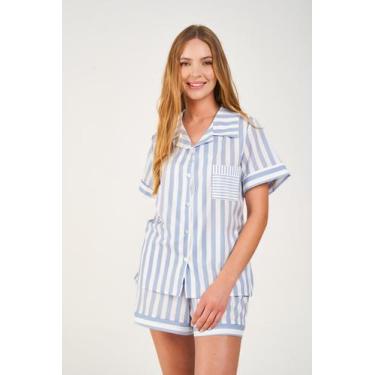 Imagem de Pijama Feminino Toque De Seda Americano Listrado - Praqnome, Azul, G