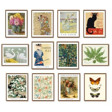 Imagem de UPWELOVE+ Arte de parede retrô maximalista - impressões ecléticas vintage, decoração estética botânica, pôsteres retrô famosos, conjunto de arte de galeria boho colorido para quarto e sala de estar