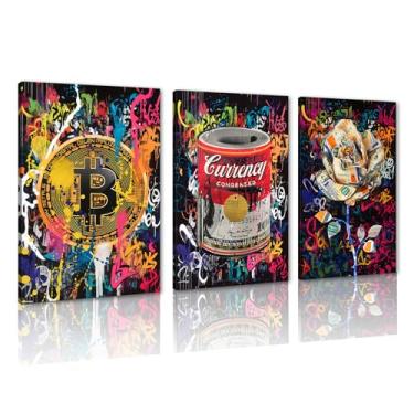 Imagem de Arte de parede em tela de dinheiro em 3 painéis | Arte impressa de pôsteres de grafite | Decoração de parede de escritório | Emoldurada pronta para pendurar 61 x 91 cm