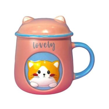 Imagem de Caneca Porcelana 3D com Tampa e Colher Gatinho Rosa
