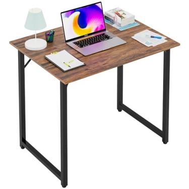 Imagem de PayLessHere Mesa de computador de 81 cm, mesa de escritório com moldura de metal, estilo simples moderno para estudo de escritório em casa, escrita para espaço pequeno, marrom