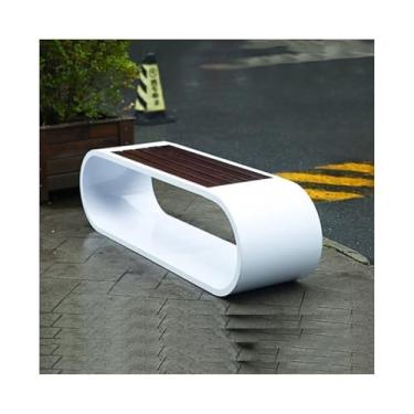 Imagem de Banco de jantar em ziguezague de aço inoxidável para uso ao ar livre com placa de assento de madeira para pátio, móveis brancos para assento externo (médio)