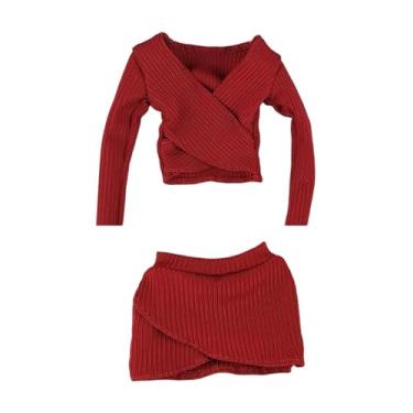 Imagem de Dynwave Top curto feminino em escala 1:6, saia curta, clássico, feito à mão, manga comprida, ajustado, para boneco de ação de 12 polegadas, acessório para, Vermelho Escuro