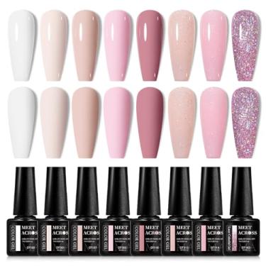 Imagem de MEET ACROSS Conjunto de esmalte de gel, 8 cores rosa nude, branco leitoso, conjunto de esmaltes de pele rosa pêssego, tons de pele neutros, mal rosa, kit de iniciante com LED, arte popular para unhas