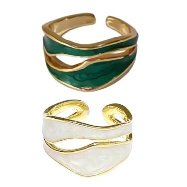 Imagem de dsmrosp Anel de esmalte colorido ajustável para mulheres, ouro vintage duplo irregular elegante anel de dedo da amizade, anel largo ondulado esmaltado ajustável para mulheres, Metal, Sem pedra