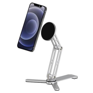 Imagem de TOCCOOL Suporte de tripé magnético para iPhone, mini tripé dobrável de alumínio compatível com iPhone 16/15/14/13/12 Series, suporte de mesa para smartphone (prata)