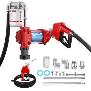 Imagem de POXURIO Bomba de transferência de combustível, bomba de transferência 15GPM 12V com mangueira de descarga e bocal mecânico, ferro fundido resistente para gasolina diesel, querosene, misturas de etanol