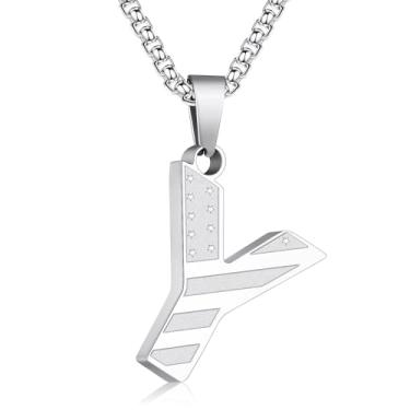 Imagem de Zocomi Colar com pingente de inicial da bandeira americana para homens e meninos, corrente de aço inoxidável 316L A-Z caixa de letras 50 + 5 cm joias presentes, Aço inoxidável, Sem Pedra Preciosa