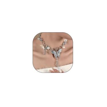 Imagem de RTY Colar gargantilha de borboleta gótica para mulheres, colar de borboleta grossa Y2k com borla longa, pingente de declaração de fada, acessórios florais modernos, one size, Zinco, Sem Pedra Preciosa