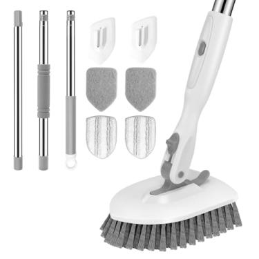 Imagem de SetSail Escova de limpeza de chão, esfregão de piso 3 em 1 com escova de limpeza de chuveiro de cabo longo ajustável de 132 cm e 4 cabeças de escova de substituição removíveis para limpeza de azulejos