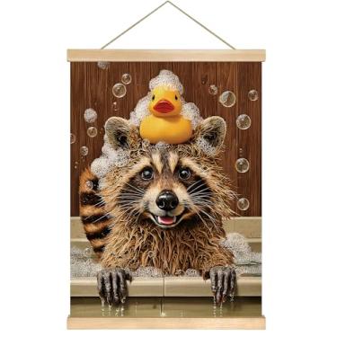 Imagem de Arte de parede Golden Retriever - Cachorro fofo no banho com pato de borracha, pôster de linho de 35,5 x 47 cm para decoração de banheiro, loja de cuidados de animais de estimação ou presente para