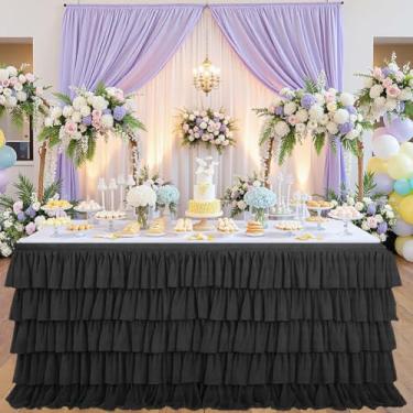 Imagem de CREATCABIN Saia de mesa preta de 1,8 m, saias de mesa de tule, para decoração, capa de toalha de mesa, babados, tutu, retangular, poliéster com fita adesiva para princesa, casamento, festa de