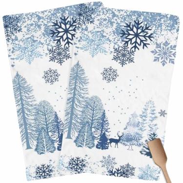 Imagem de Conjunto de 2 toalhas de cozinha de Natal, conjunto de 2 toalhas de prato e panos de prato de árvore de Natal com floco de neve e toalhas de prato decorativas, toalha de chá, rena, alce, floresta de