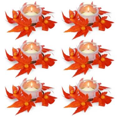 Imagem de Castiçal de outono, peça central, conjunto de 6 castiçais, com folhas de bordo, guirlanda, bagas, vidro, tealight, castiçal, decorações de outono para cozinha doméstica, mesa de jantar de ação de