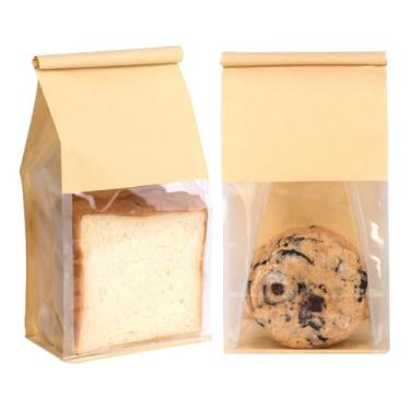Imagem de Pacote com 50 sacos de pão para pães caseiros, 12 x 10 x 28 cm, sacos de padaria marrom com laço de lata, saco de papel de algodão com janela para pipoca, biscoitos, doces