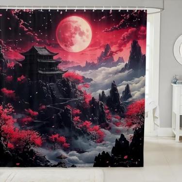 Imagem de jejeloiu Cortina de chuveiro japonesa vermelha preta 183 cm x 213 cm cortina de banho com flores de cerejeira vermelha meninos meninas adolescentes montagem na lua Fuji conjunto de cortina de chuveiro