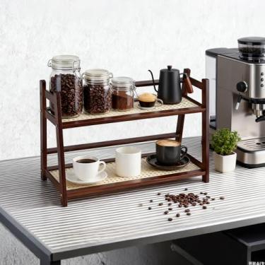 Imagem de Bgzdxhxyr Organizador de prateleira de copo de bambu, suporte de caneca de 2 camadas, prateleira de armazenamento de acessórios de chá matcha, prateleira de armazenamento dobrável para casa (café)