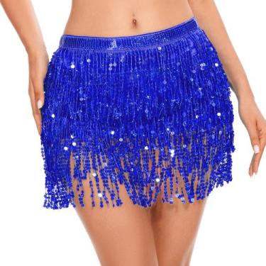 Imagem de Saia de lantejoulas ASKHOPE, 4 camadas, franja, azul brilhante, borla,