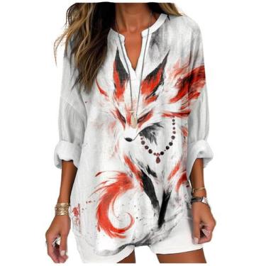 Imagem de Blusa túnica MARSVOVO com estampa de raposa vermelha, decote em V, man